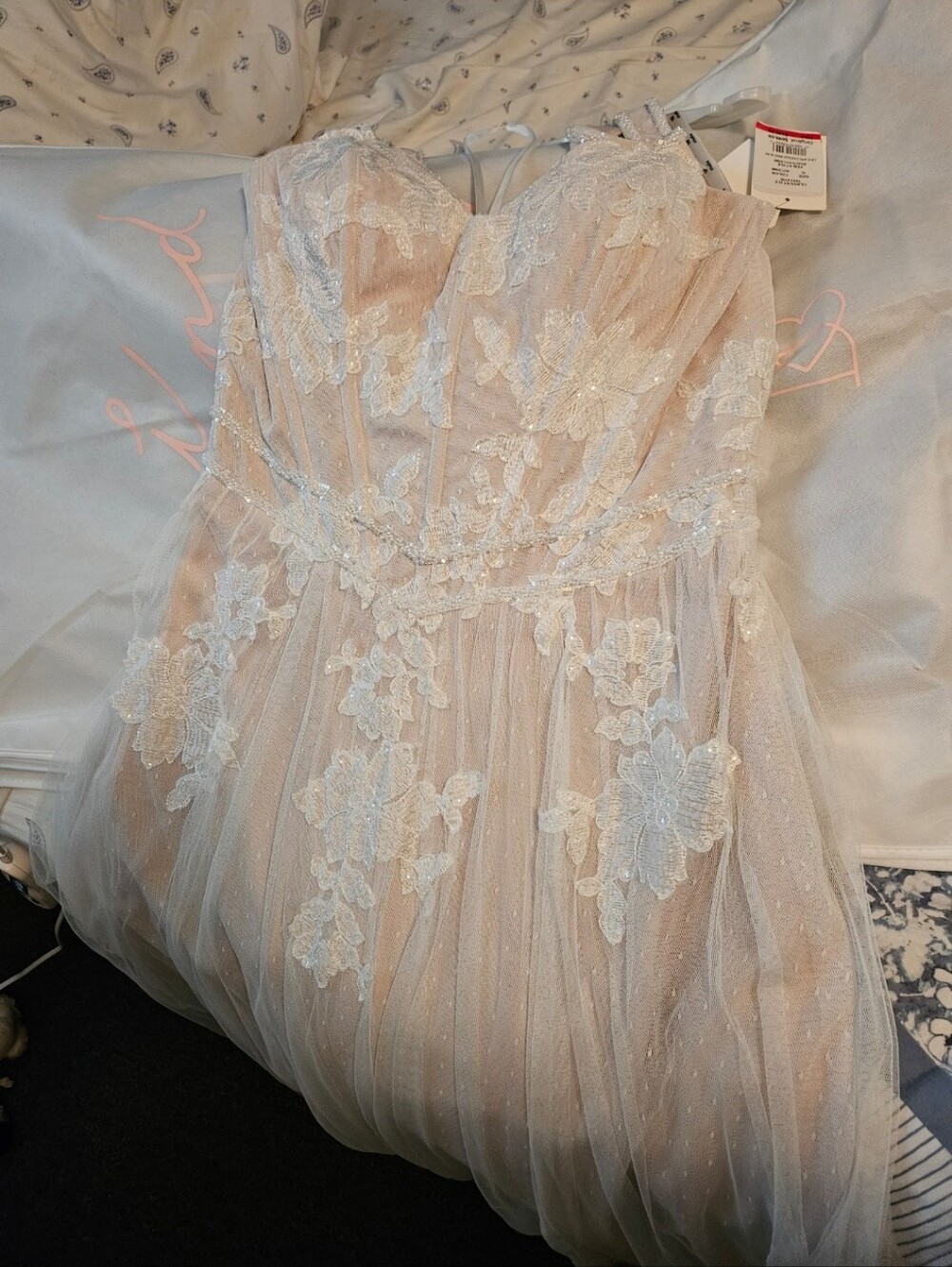 David's Bridal A Line Blush and White Lace Tulle Wedding Dress